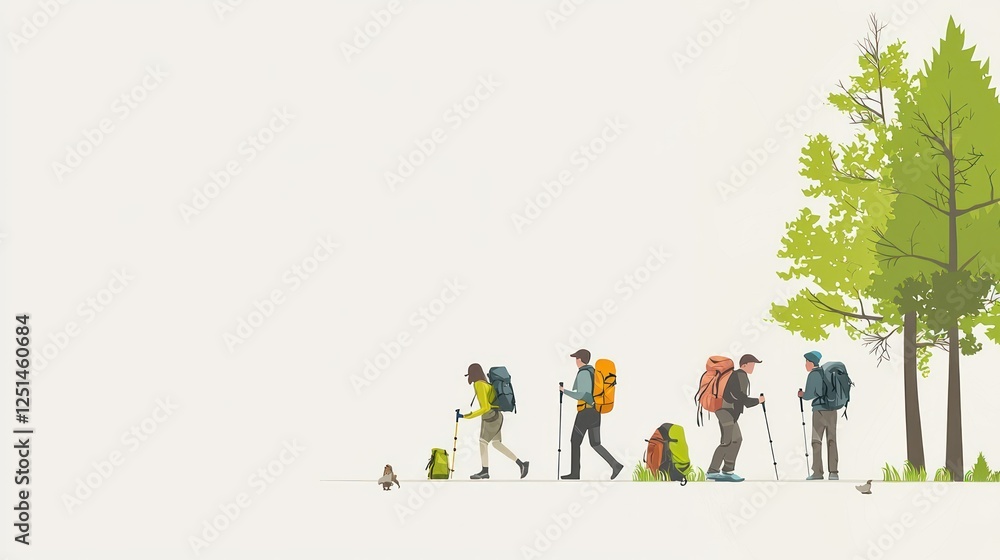 Naklejka premium Hikers walking through forest, tranquil scene, outdoors activity, illustration