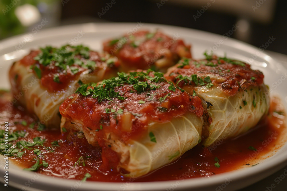 Cabbage stuffed with ground meat drenched in a vibrant tomato sauce, on a rustic wooden table. A delicious homemade dish ready to be served. Cabbage stuffed with ground meat drenched in a vibrant tomato sauce, on a rustic wooden table. A delicious homemade dish ready to be served.