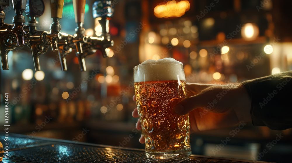 A detailed close-up of a hand grasping a beer glass with a tap in the background, capturing the atmosphere of a bar scene A detailed close-up of a hand grasping a beer glass with a tap in the background, capturing the atmosphere of a bar scene