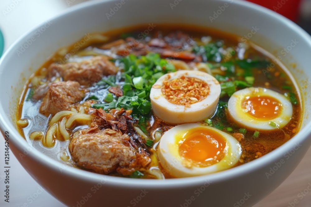 A bowl of delicious ramen topped with eggs and meat A bowl of delicious ramen topped with eggs and meat