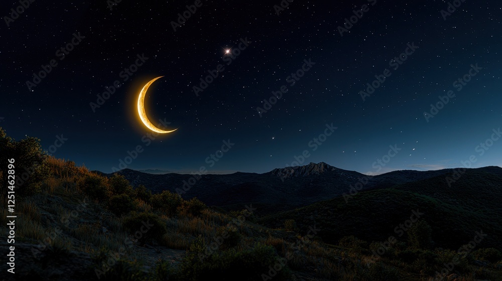 Obraz premium A crescent moon is lit up in the night sky