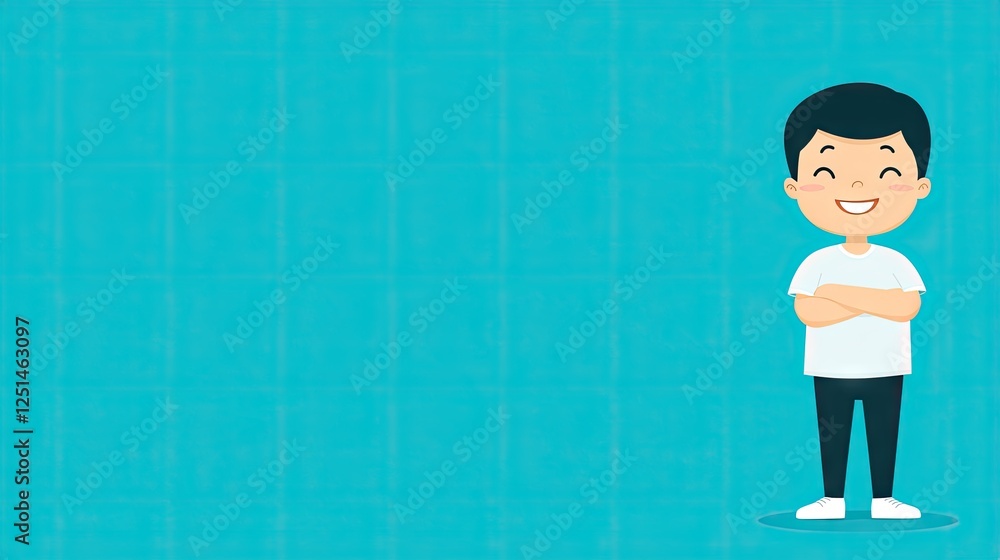 Happy boy standing, light teal background, illustration, possible use in children's book Happy boy standing, light teal background, illustration, possible use in children's book