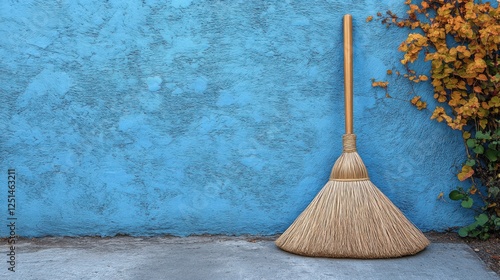 Wallpaper Mural Rustic Broom Leaning Against a Blue Wall with Autumn Foliage Torontodigital.ca