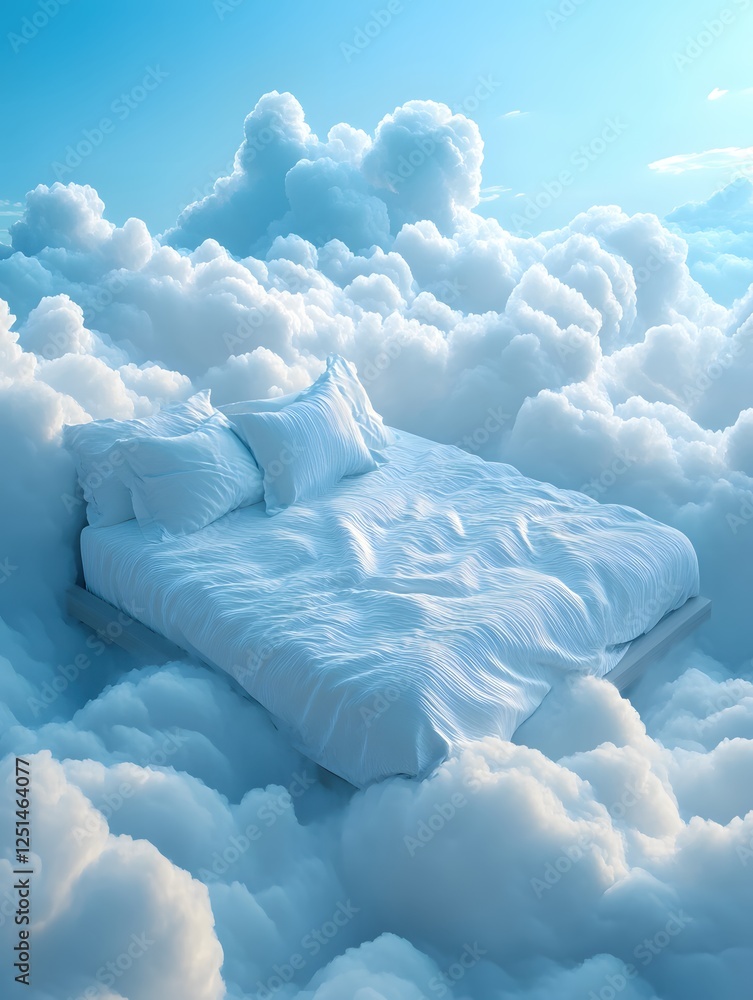 Serene slumber Floating dreamscape Bed amidst fluffy clouds Sky high relaxation Comfort concept