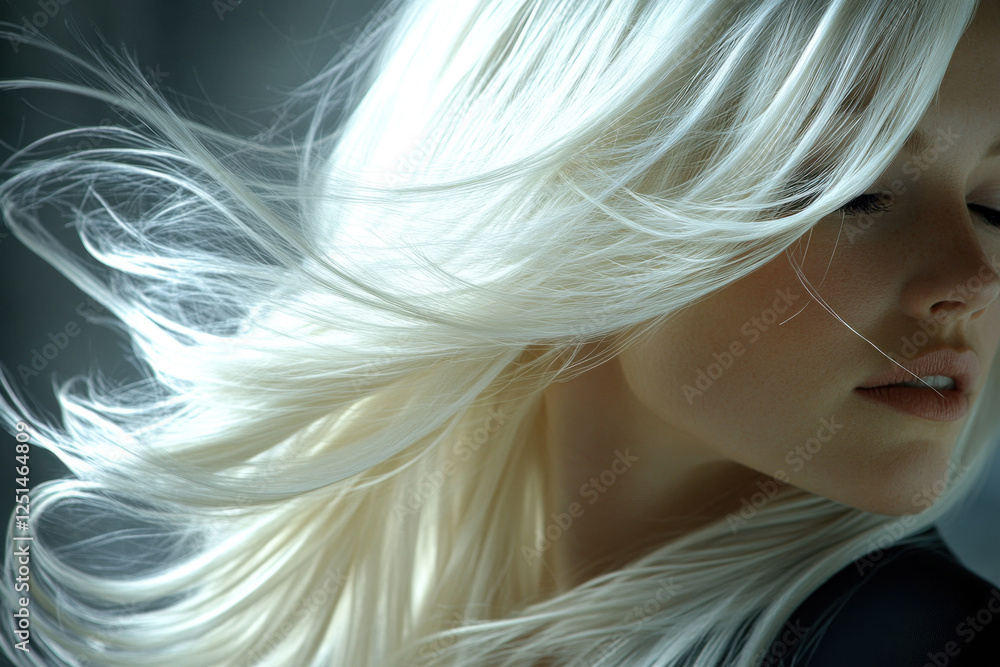 Naklejka premium Woman with long white hair wearing a black shirt, painting a vibrant mural on a city wall, surrounded by colorful street art.