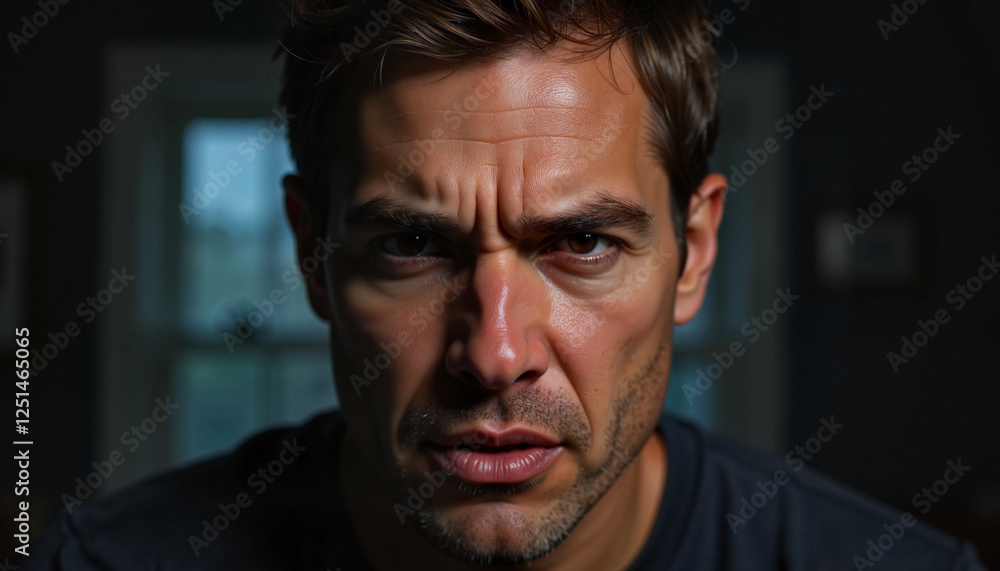 Angry man expressing frustration in a dark room Angry man expressing frustration in a dark room