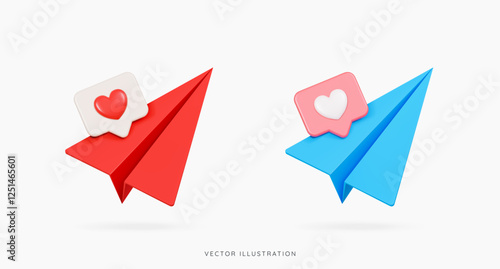 3D Paper airplane with like button. Social media notification, share and comment. Send message. Online communication. Emoji icon set. Cartoon design icons isolated on white. 3D Vector illustration
