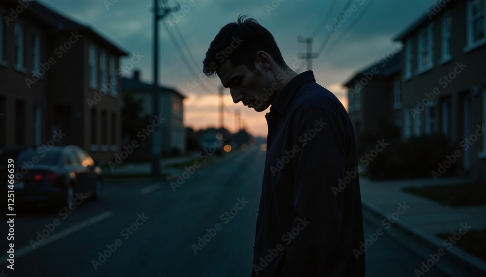 Man feeling shame standing on street at dusk Man feeling shame standing on street at dusk