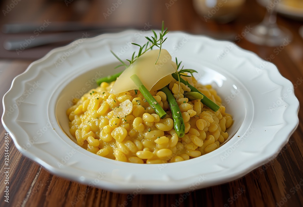 Golden pasta tossed with asparagus and topped with shaved parmesan cheese served in a decorative white bowl making it a visually appealing and tasty dish Golden pasta tossed with asparagus and topped with shaved parmesan cheese served in a decorative white bowl making it a visually appealing and tasty dish