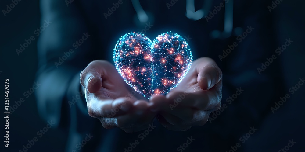 Glowing digital heart shape formed by connected dots and lines floating above cupped hands against dark background, symbolizing technology and human connection. Glowing digital heart shape formed by connected dots and lines floating above cupped hands against dark background, symbolizing technology and human connection.