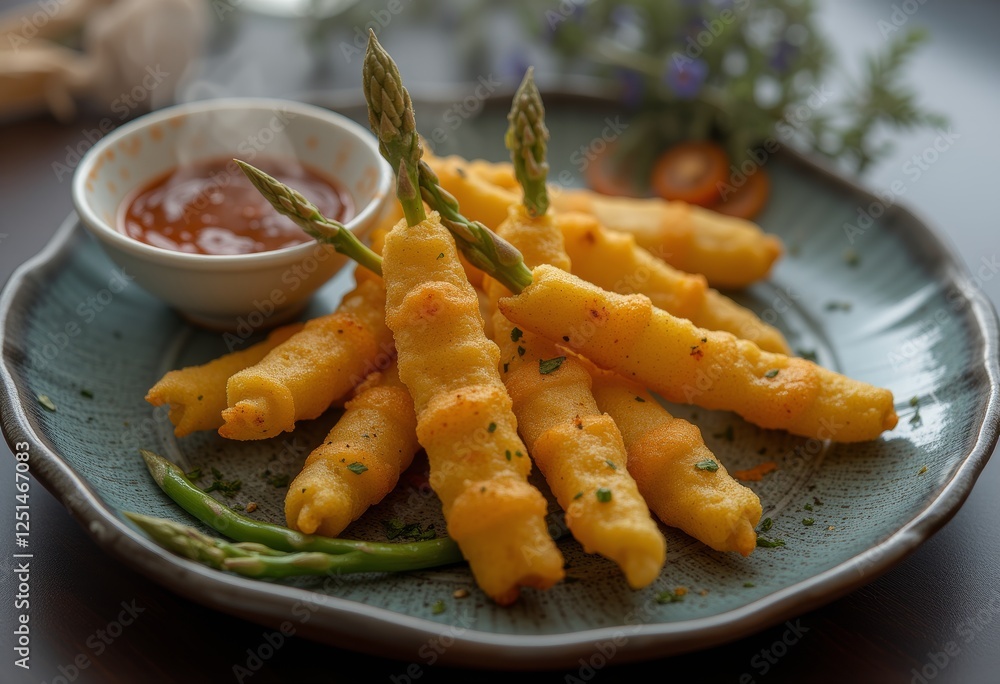 Fresh asparagus spears topped with crispy golden noodles and a side of dipping sauce served on a modern plate for an innovative and visually appealing dish Fresh asparagus spears topped with crispy golden noodles and a side of dipping sauce served on a modern plate for an innovative and visually appealing dish