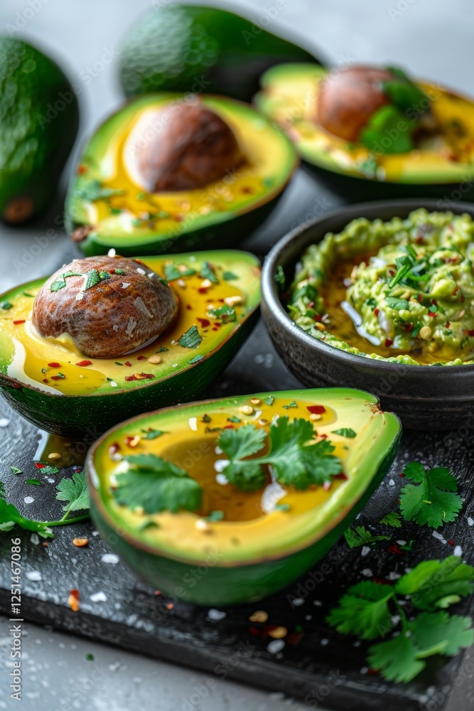 Sliced Avocado next to a dark bowl of Guacamole, placed on glossy white surface. Sliced Avocado next to a dark bowl of Guacamole, placed on glossy white surface.