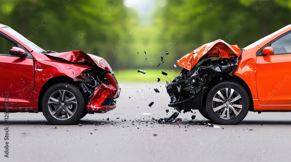 Car Collision Impact on Roadway with Damage and Debris Scatter Car Collision Impact on Roadway with Damage and Debris Scatter