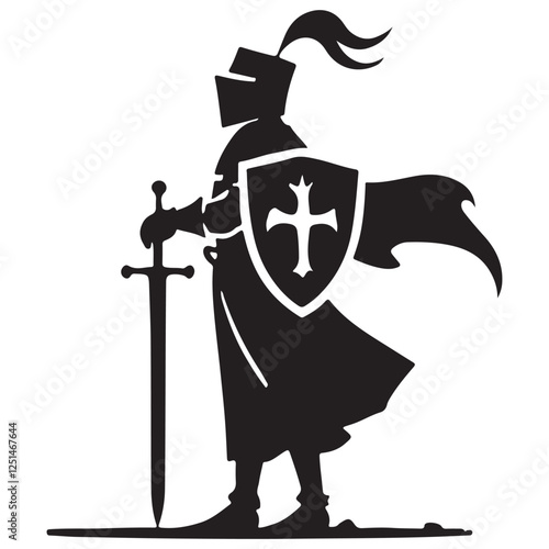 Silhouette of medieval knight with sword and shield illustration