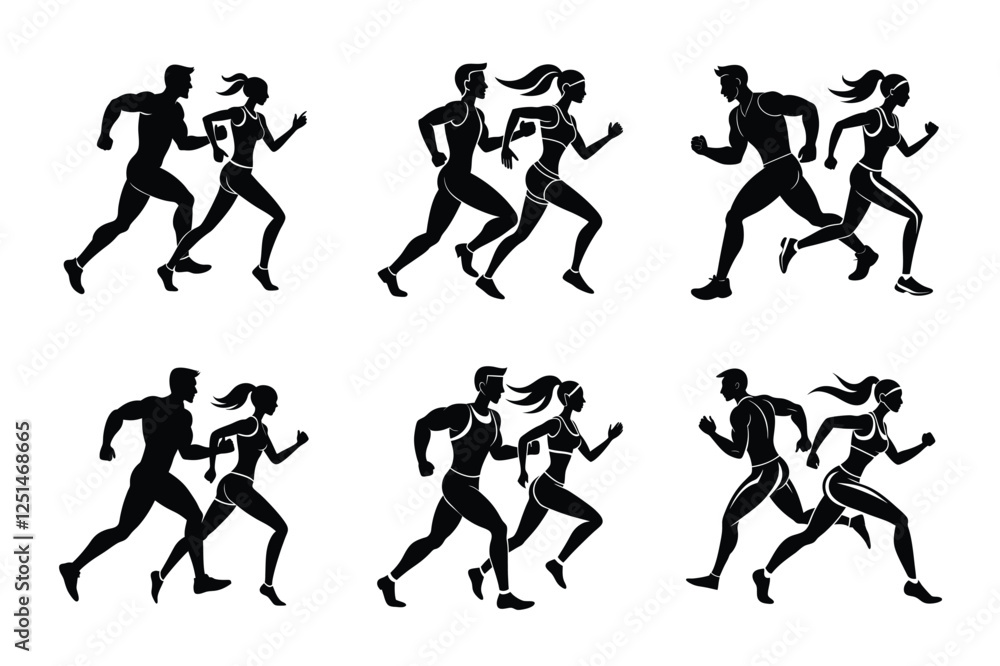 Running Couple Silhouette Vector Set – Man and Woman Jogging Illustrations for Fitness, Sports, Marathon, Gym, Workout, Athletic Training, Health, T-Shirts, Stickers, and Graphic Design Projects Running Couple Silhouette Vector Set – Man and Woman Jogging Illustrations for Fitness, Sports, Marathon, Gym, Workout, Athletic Training, Health, T-Shirts, Stickers, and Graphic Design Projects