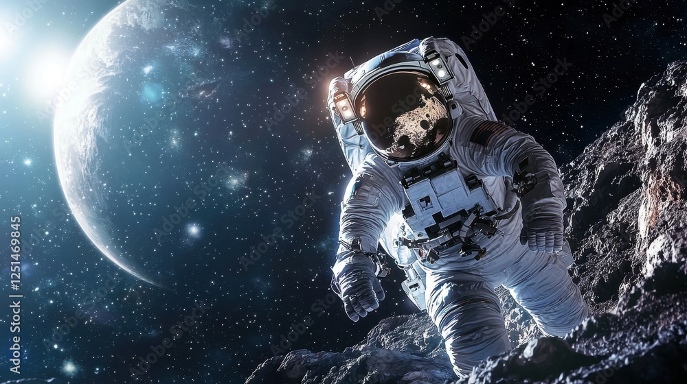 A man in a spacesuit is standing on a rocky surface in front of a large planet A man in a spacesuit is standing on a rocky surface in front of a large planet