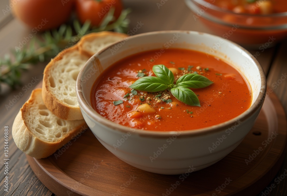 Hearty tomato soup topped with fresh basil leaves and served with crusty bread ideal for comforting and homemade themed designs Hearty tomato soup topped with fresh basil leaves and served with crusty bread ideal for comforting and homemade themed designs