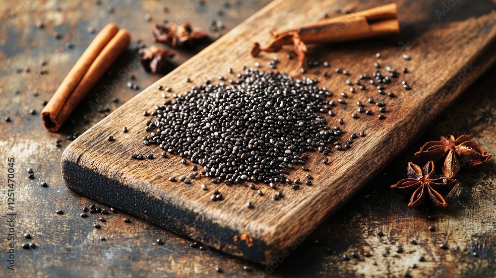 Chia seeds, cinnamon, star anise on rustic wood, food photography, recipe Chia seeds, cinnamon, star anise on rustic wood, food photography, recipe