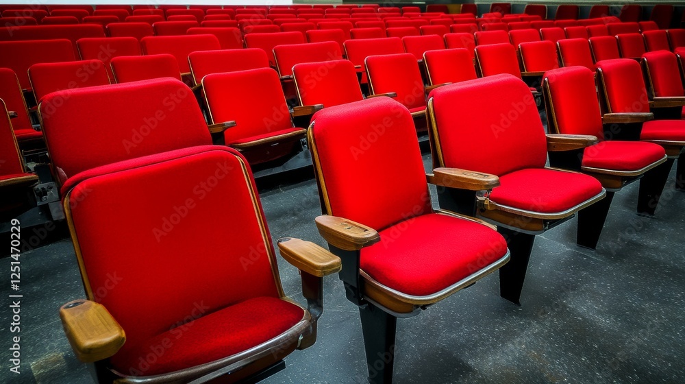 Fototapeta premium People sitting in cinema hall with white blank screen. View from back. Rows of seats, red cinema chairs. Theater empty scene. Movie theatre. Flat style cartoon design. Vector eps10 illustration.