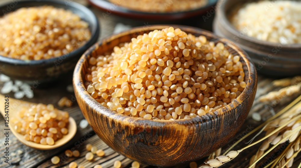 Freshly harvested grains in wooden bowl, showcasing their natural texture and color. Perfect for culinary uses and healthy meals Freshly harvested grains in wooden bowl, showcasing their natural texture and color. Perfect for culinary uses and healthy meals
