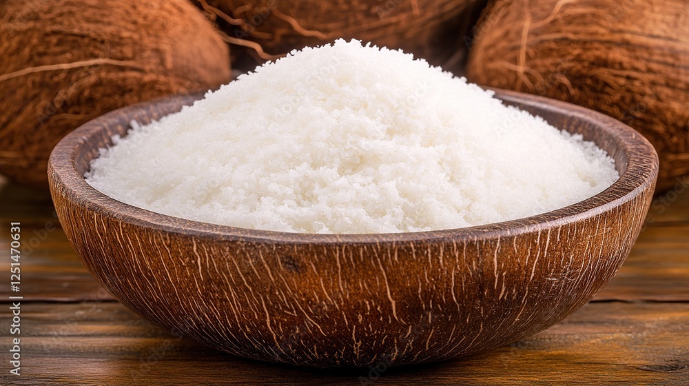 Wooden bowl of desiccated coconut, coconuts background, wood table, healthy food Wooden bowl of desiccated coconut, coconuts background, wood table, healthy food