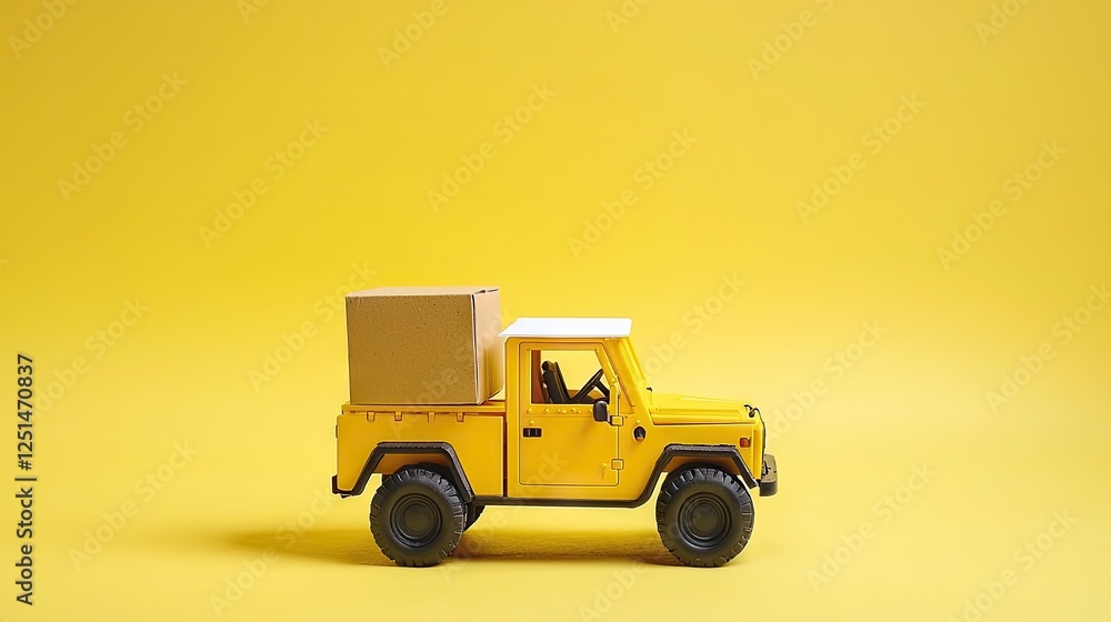 Yellow toy truck carrying box on solid background Yellow toy truck carrying box on solid background