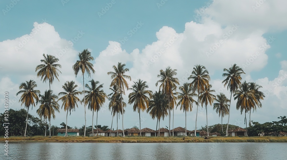 Fototapeta premium Tropical riverbank palm trees village scene, idyllic travel