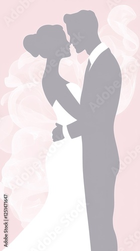 Romantic wedding couple silhouette, soft pink background, love, embrace, elegant, celebration, Possible use wedding invitation photo