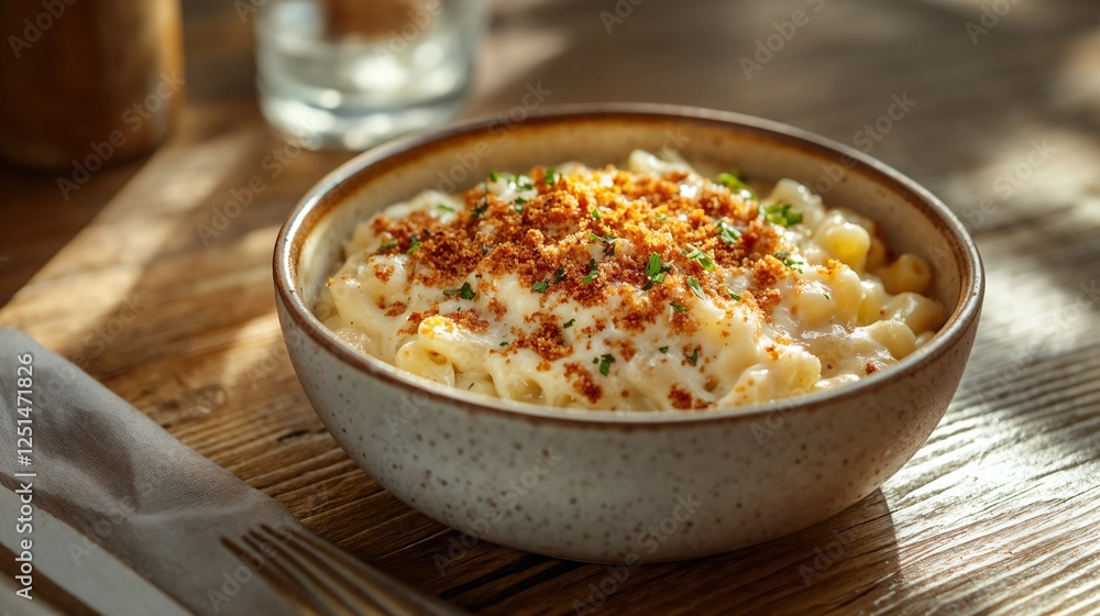 Creamy mac and cheese topped with breadcrumbs and parsley Creamy mac and cheese topped with breadcrumbs and parsley