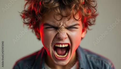Screaming Boy Expressing Intense Anger and Frustration Under Red Lighting