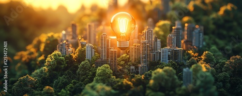 A glowing light bulb above a miniature city with energyefficient buildings and lush trees, symbolizing sustainable urban design, smart architecture, detailed, futuristic style photo