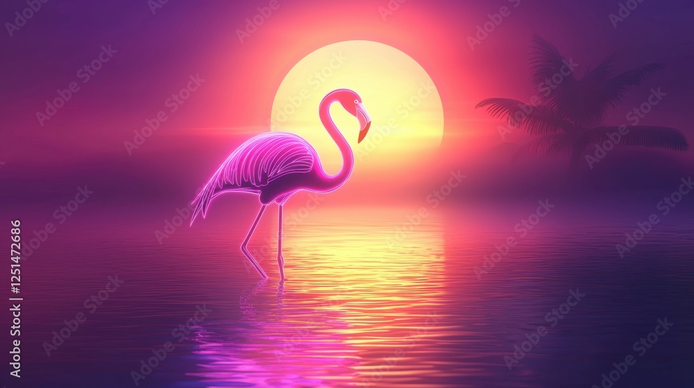 Fototapeta premium A pink flamingo stands in the water next to a palm tree