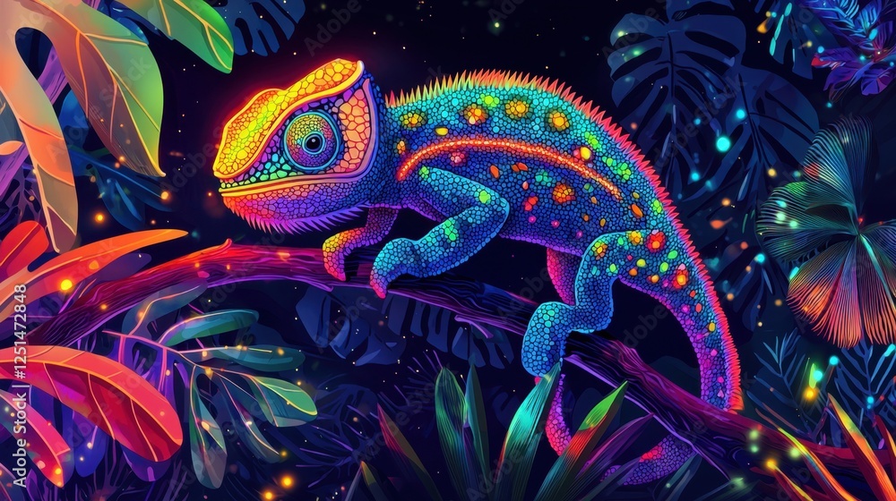 A colorful lizard is perched on a branch in a jungle A colorful lizard is perched on a branch in a jungle