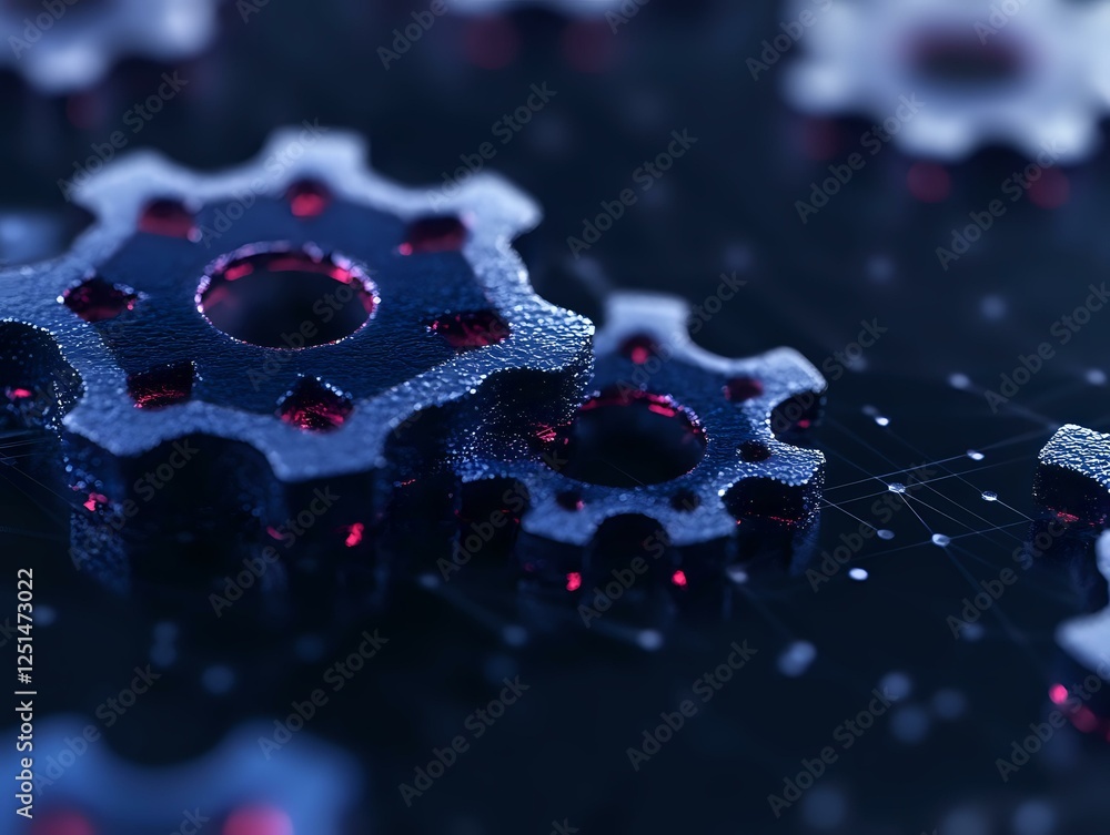 Metallic gears with red glowing elements on dark background, macro photography showing industrial mechanical parts with water droplets creating dramatic effect. Metallic gears with red glowing elements on dark background, macro photography showing industrial mechanical parts with water droplets creating dramatic effect.