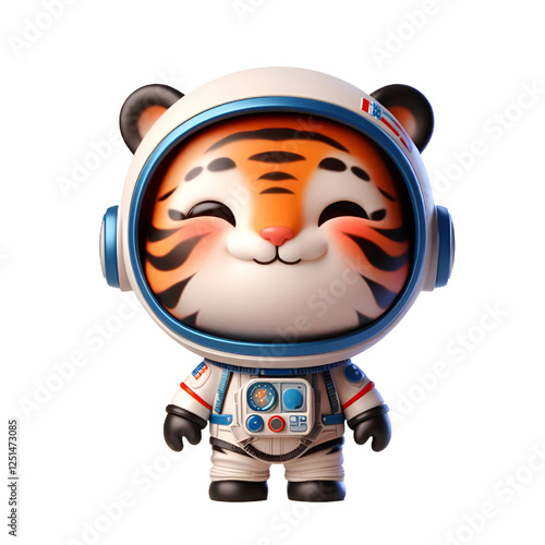 Cute and happy 3d tiger astronaut isolated on white background, digital art