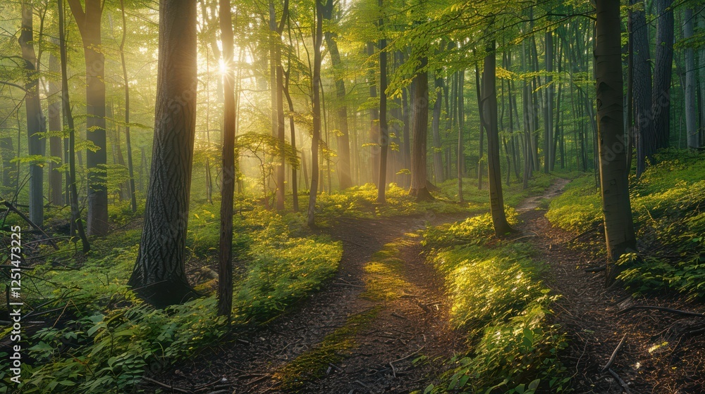 a path in the middle of the forest with morning sunlight