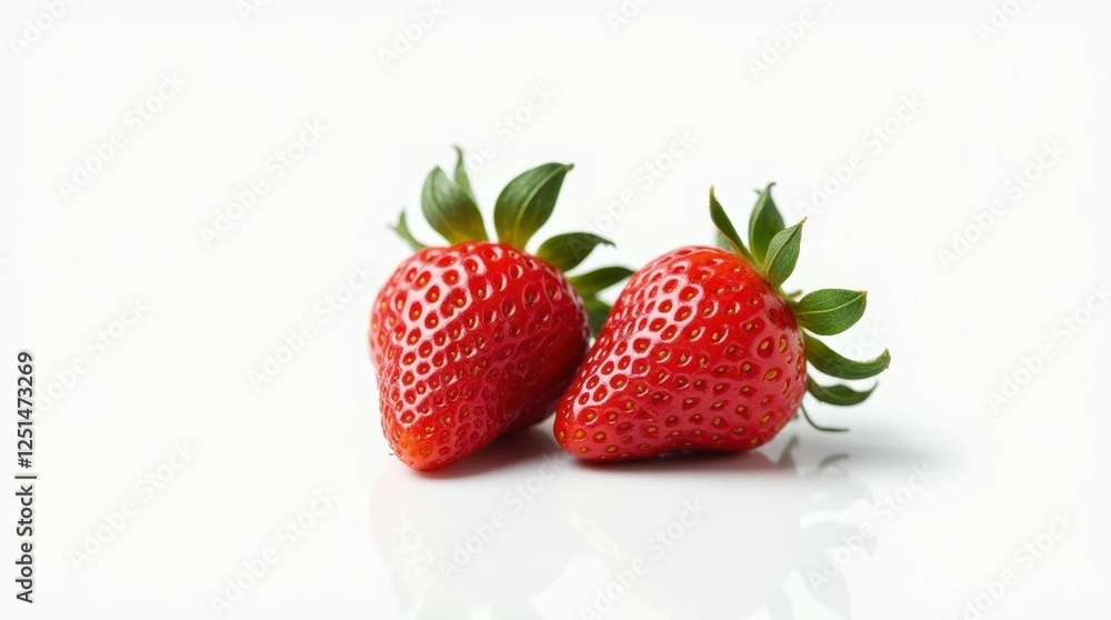 Single Ripe Strawberry with Leaves on White Background Single Ripe Strawberry with Leaves on White Background