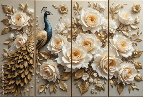 elegant 3d floral pattern featuring white and golden roses with a majestic peacock, four-panel painting, perfect for decorative purposes, living room, and interior design.