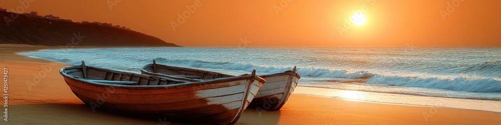 Stunning Beach Sunset with Two Wooden Boats on Golden Sand Coastline, Serene Ocean Waves and Vibrant Orange Sky Capturing Peaceful Evening Atmosphere by the Sea Stunning Beach Sunset with Two Wooden Boats on Golden Sand Coastline, Serene Ocean Waves and Vibrant Orange Sky Capturing Peaceful Evening Atmosphere by the Sea