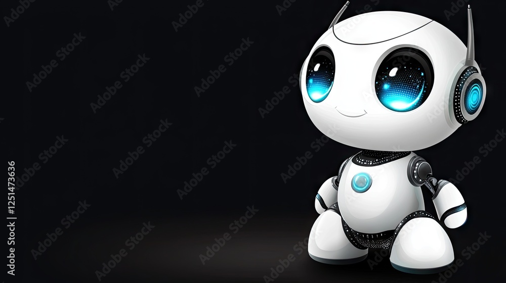 Obraz premium Cute robot, standing, black background, illustration, stock photo