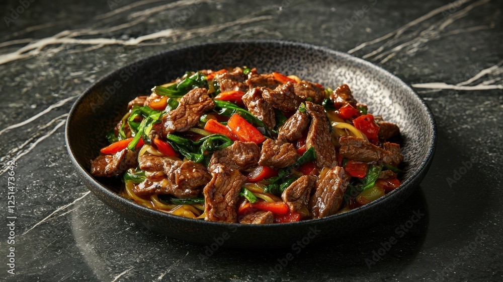 A plate of beef stir fry with vegetables A plate of beef stir fry with vegetables