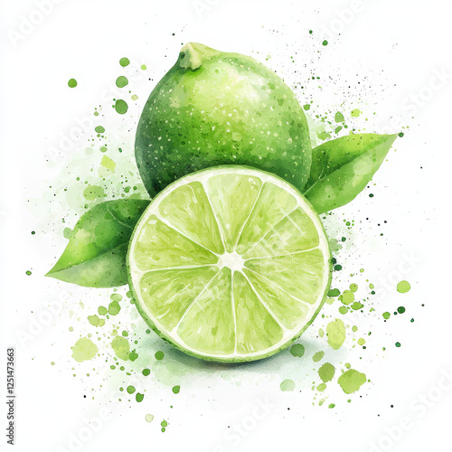 Fresh lime with vibrant green watercolor splashes