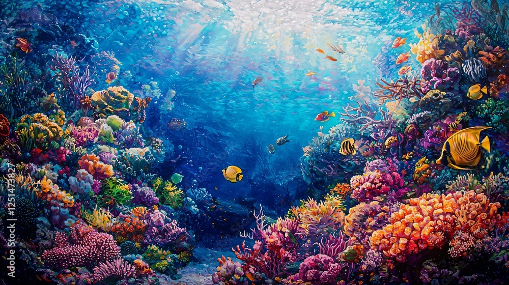 Obraz premium Vibrant Coral Reef Teeming with Colorful Fish and Marine Life, the Beauty of Aquatic Ecosystems and the Importance of Ocean Conservation, Saltwater Aquariums, Tanks, Kits, Nanos, Reeftanks Concept