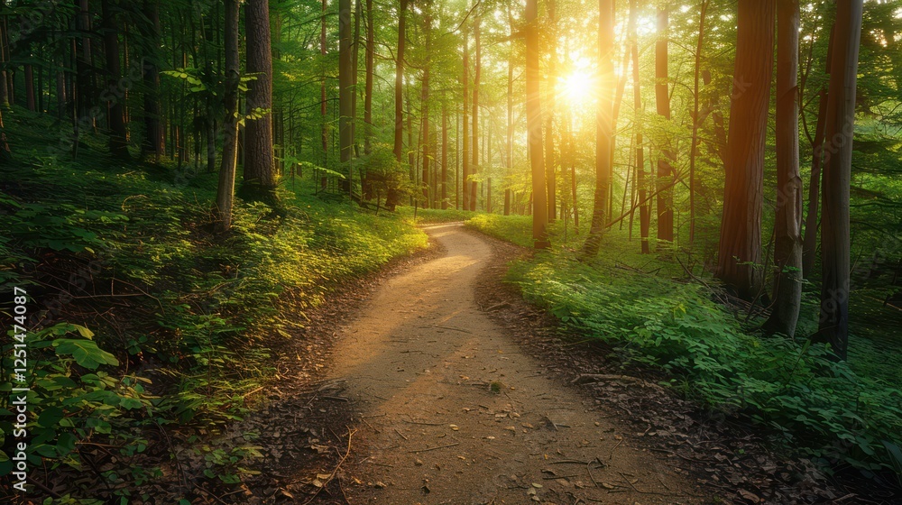 Obraz premium a path in the middle of the forest with morning sunlight