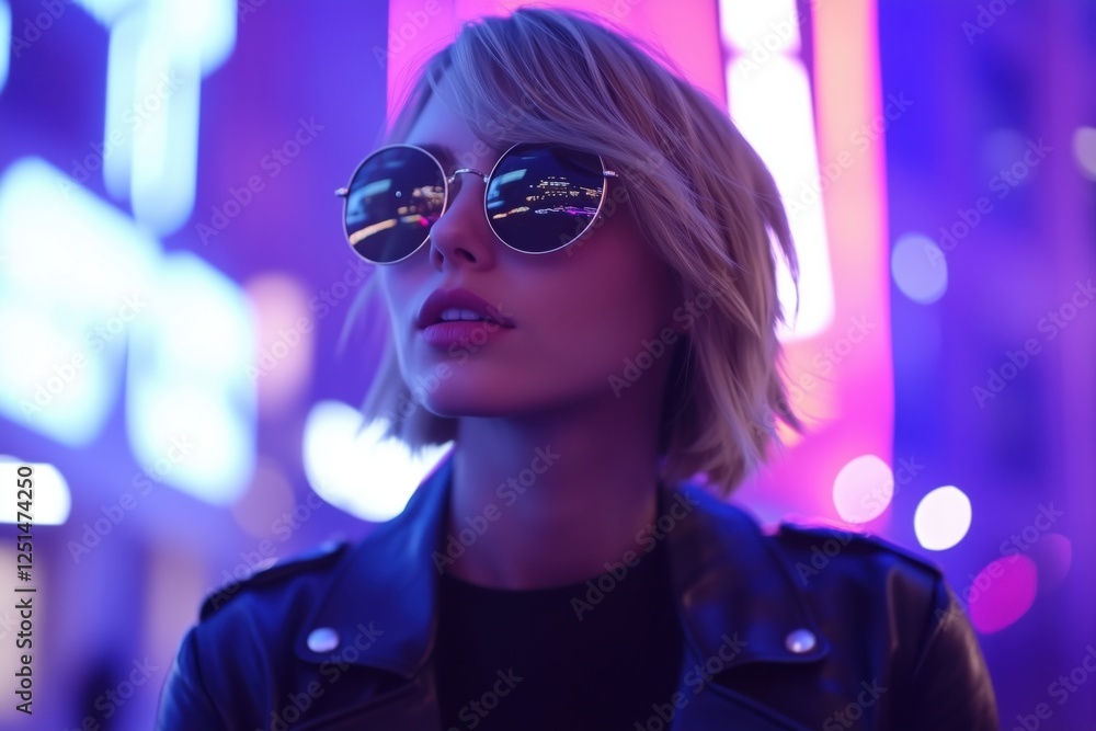 A fashionable woman with short blonde hair wearing sunglasses against a vibrant neon background. A fashionable woman with short blonde hair wearing sunglasses against a vibrant neon background.