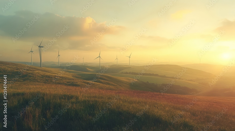 A field of wind turbines with the sun setting in the background A field of wind turbines with the sun setting in the background