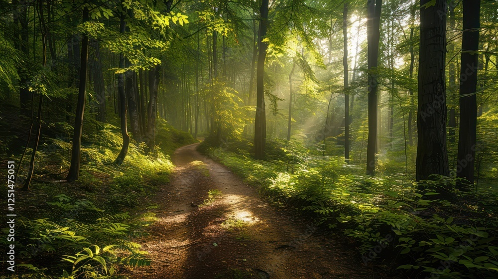 Fototapeta premium a path in the middle of the forest with morning sunlight