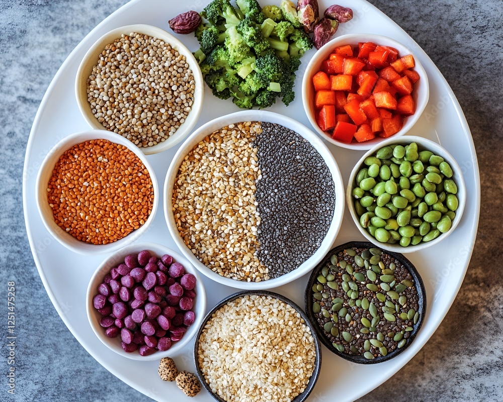 A colorful spread of plant-based meals, featuring grains, vegetables, and superfoods on a clean white plate, symbolizing the latest healthy eating trends A colorful spread of plant-based meals, featuring grains, vegetables, and superfoods on a clean white plate, symbolizing the latest healthy eating trends