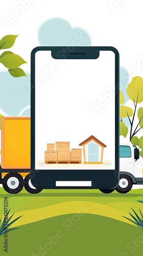 Mobile delivery app concept; illustration of moving house; smart logistics; online service; technology photo