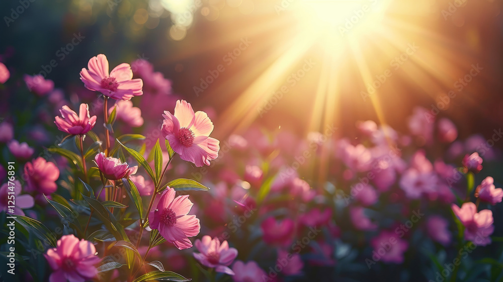 Obraz premium close up shot of vibrant pink peonies blooming in sunlit garden, radiating beauty and warmth